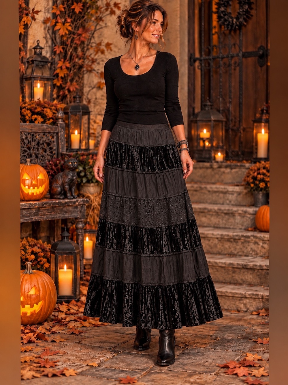 White Stag Black Tiered Maxi Skirt 8/10 NWT Boho Goth Witchy Halloween